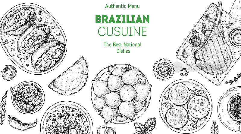 巴西食物顶视图矢量插图。食品菜单设计模板。手绘草图。巴西菜菜单。传统的巴西美食。Acaraje, Pastel, Baiao de dois, Coxinhas, Empadinha